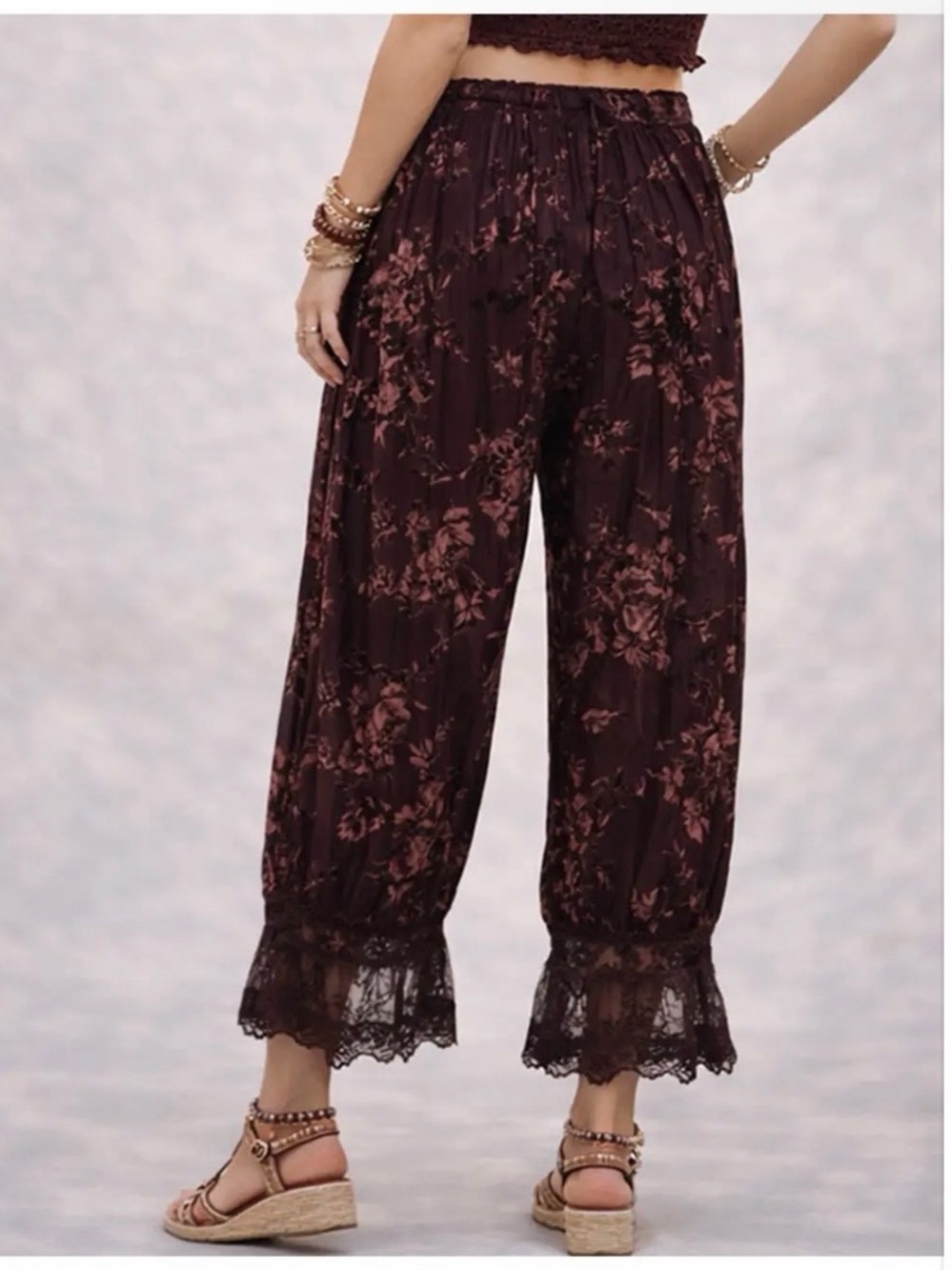 Lantern Pants - Lace Floral Flocked Elastic Waist Coffee NEW WITH TAGS